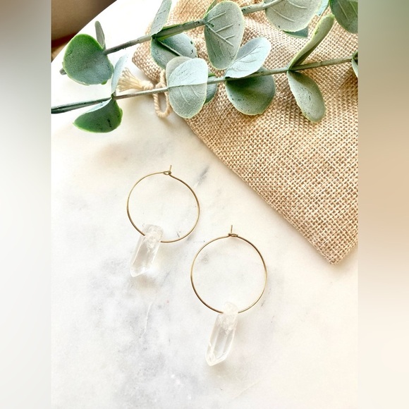Handmade Jewelry - Clear Crystal Quartz Gold Hoop Earrings